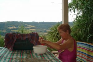 Senioren-Arbeit: Mama zupft Blätter für unseren gesunden Olivenblätter-Tee auf unserer Terrasse.